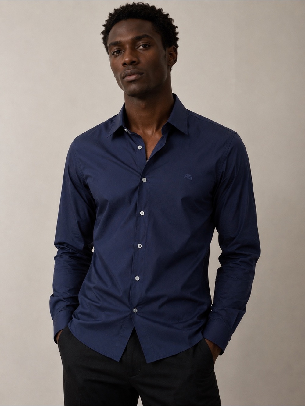 Burberry Brit large Men's Navy Dress Shirt with Plaid Trim